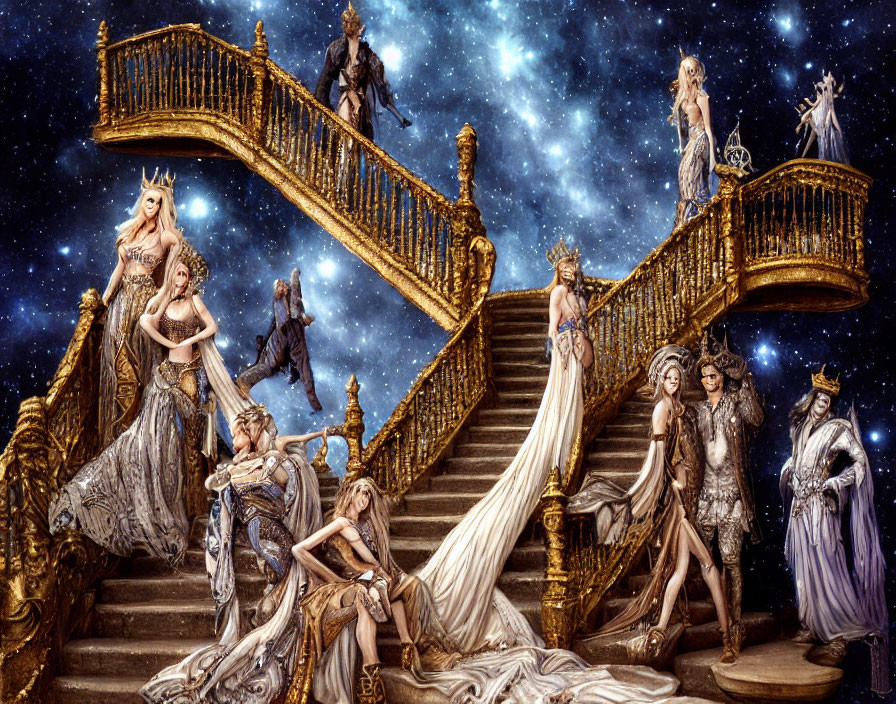 Fantastical celestial staircase with elegantly dressed figures in starry night scene