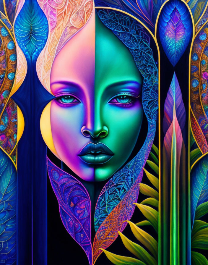 Symmetrical artwork of face with peacock feather motifs in vivid blue, purple, and green