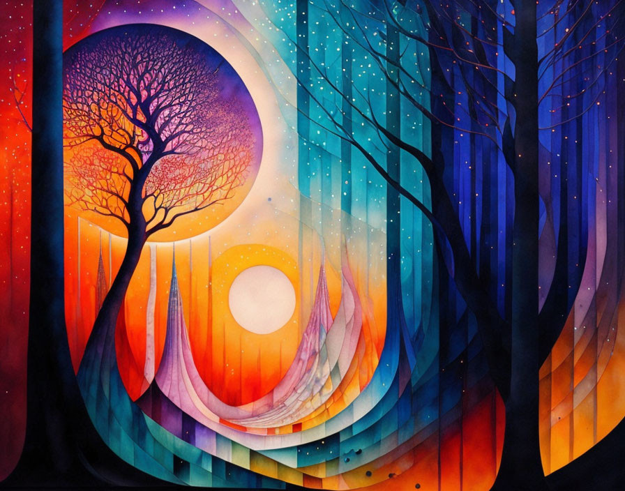 Colorful Forest Painting with Silhouetted Trees and Bright Circular Element