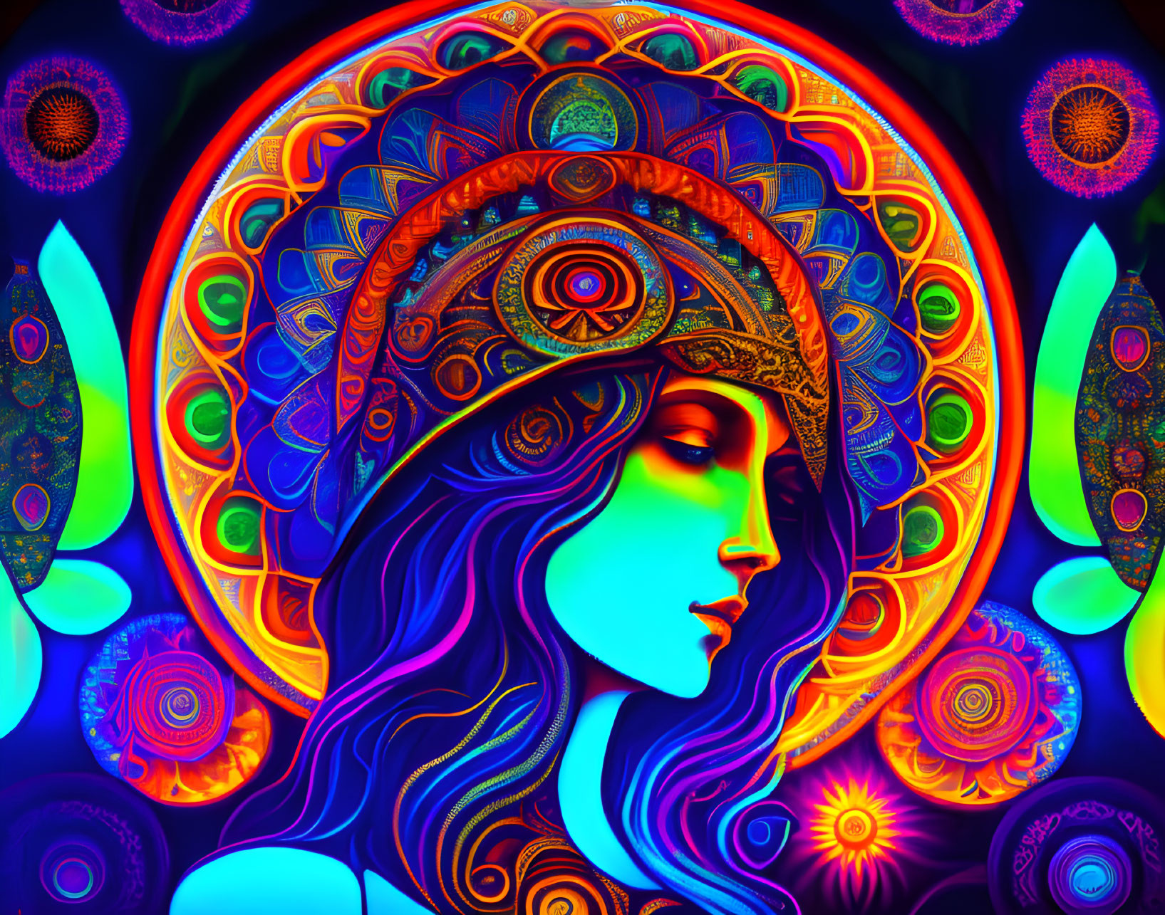 Colorful digital artwork of woman with intricate patterns and motifs