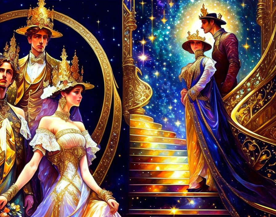 Opulent fantasy scene with regal attire, celestial backdrop, ornate staircase.