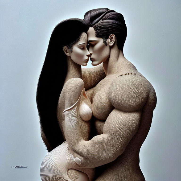 Stylized figures embrace with intricate patterns in a tender pose