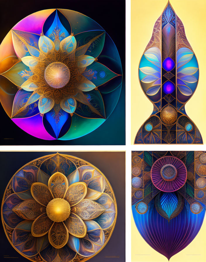 Geometric floral digital artworks with vibrant colors on warm gradient background