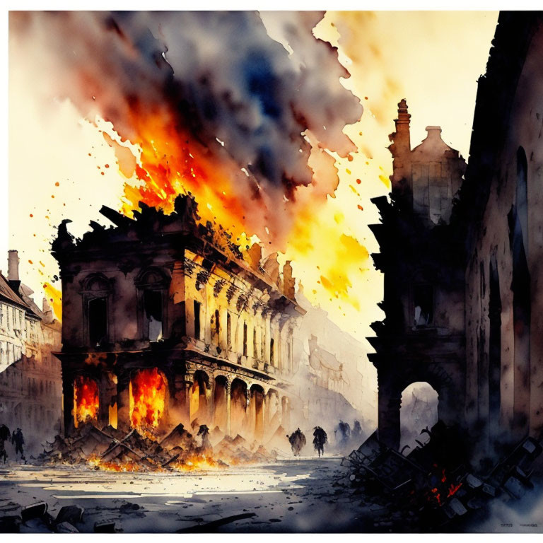 Watercolor painting of fiery explosion in European-style street