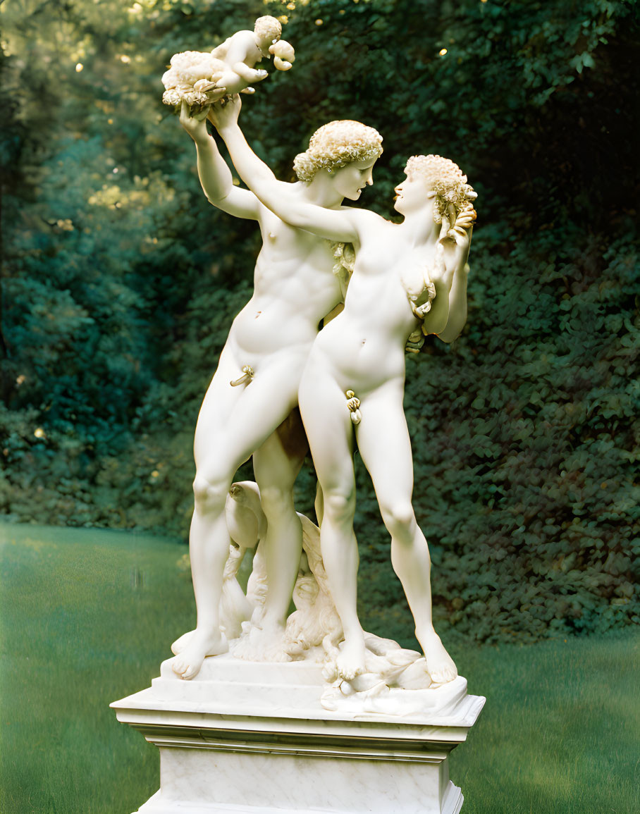 Marble statue of entwined male and female figures with cherub, lush green background