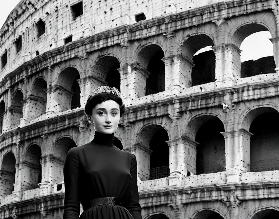 Vintage-dressed woman poses in front of Colosseum in black and white.