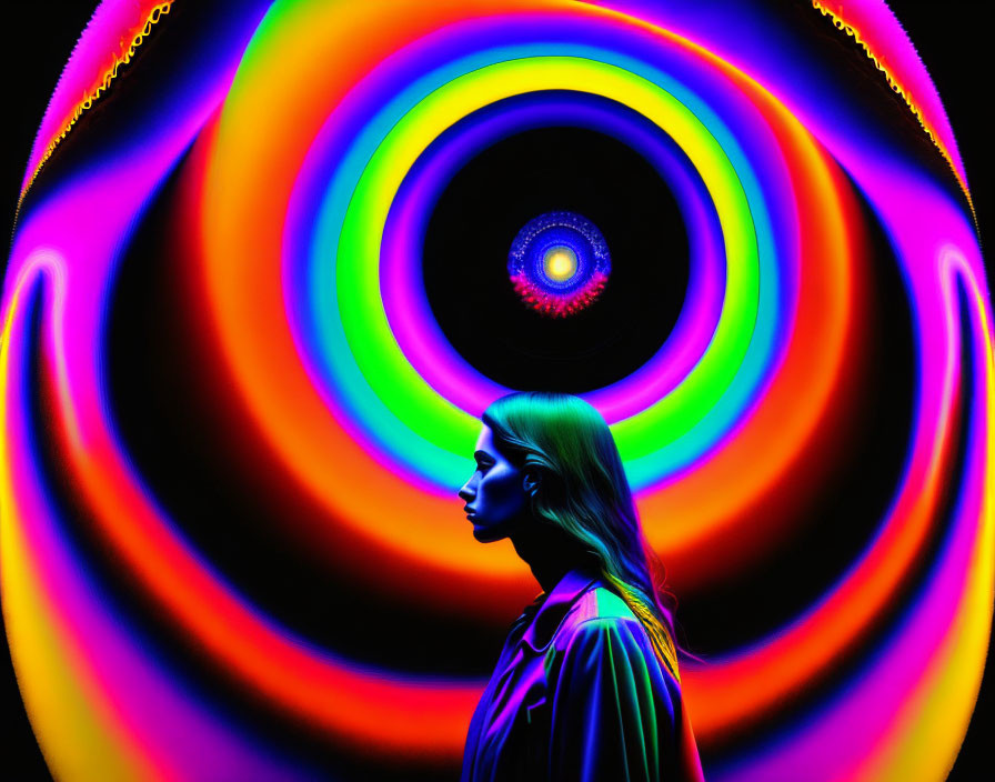 Silhouetted Woman Against Colorful Psychedelic Swirls