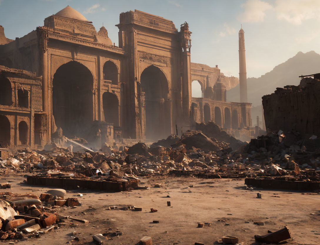 Historic building ruins with arches and tower in golden sunlight.