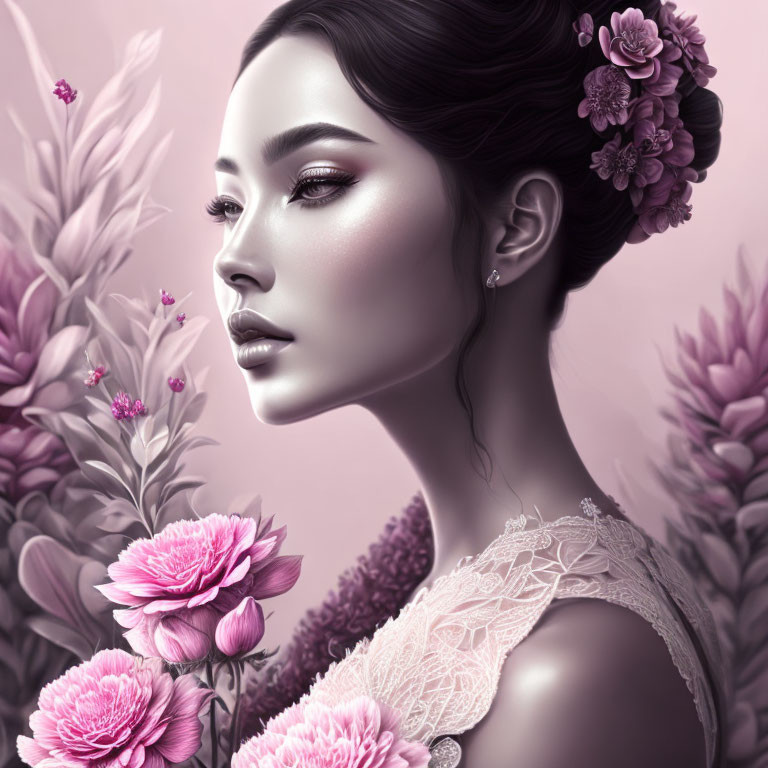 Monochromatic pink illustration of woman with floral hair decor