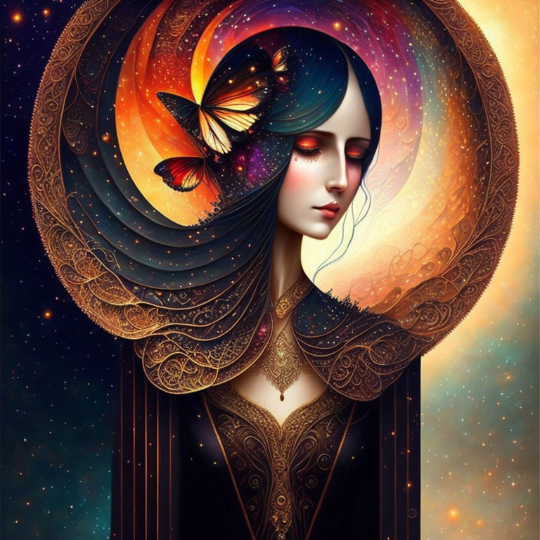 Vibrant cosmic woman with golden headdress and butterfly in surreal art.