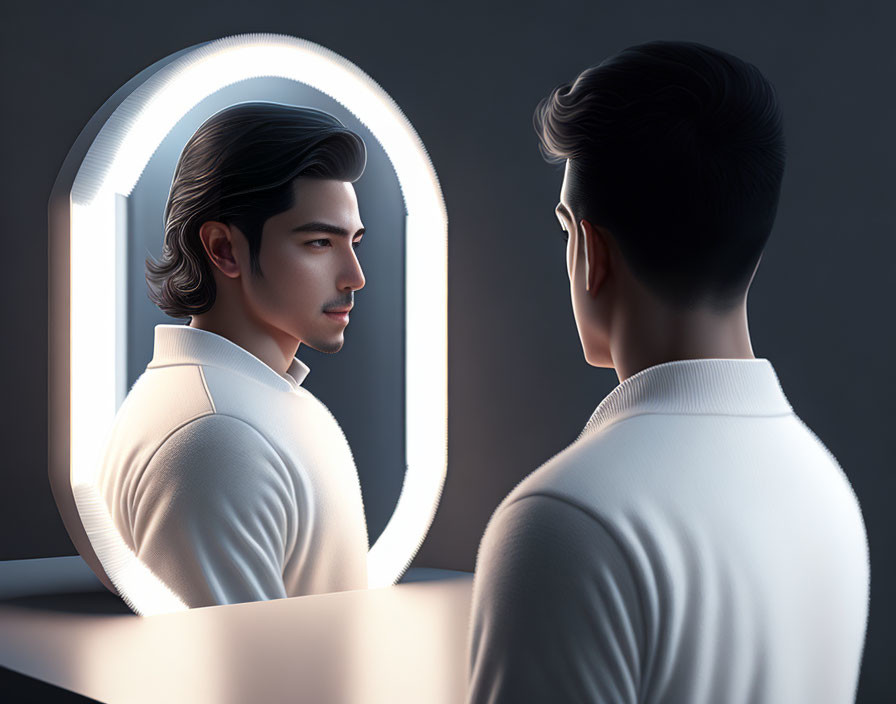 Slicked-back hair man reflected in minimalist mirror portrait