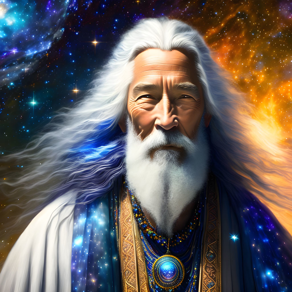 Illustration of wise old man in cosmic robe against starry space.