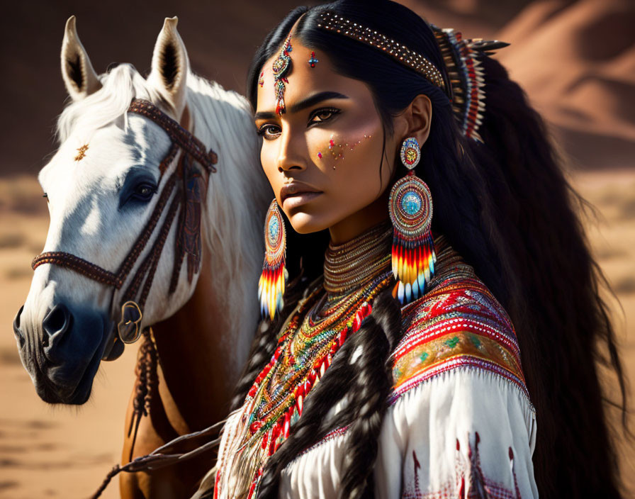 Native American woman in traditional attire with white horse in desert landscape