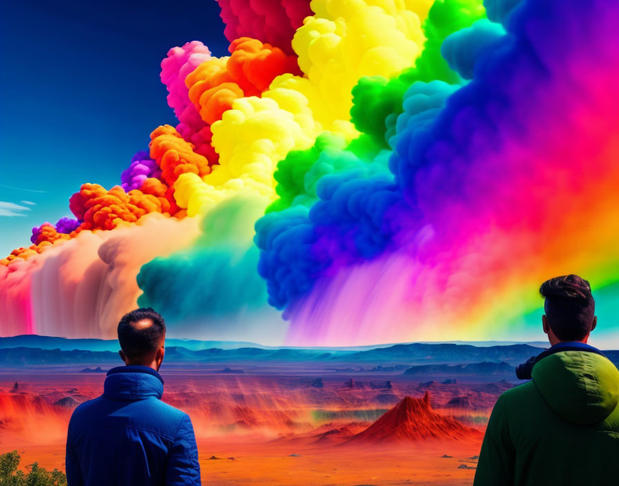 Vibrant surreal landscape with colorful smoke plumes.