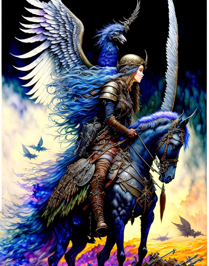 Warrior in Blue Armor Riding Horse with Majestic Blue Bird