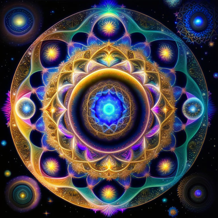 Symmetrical Mandala Patterns with Gold and Blue on Cosmic Background