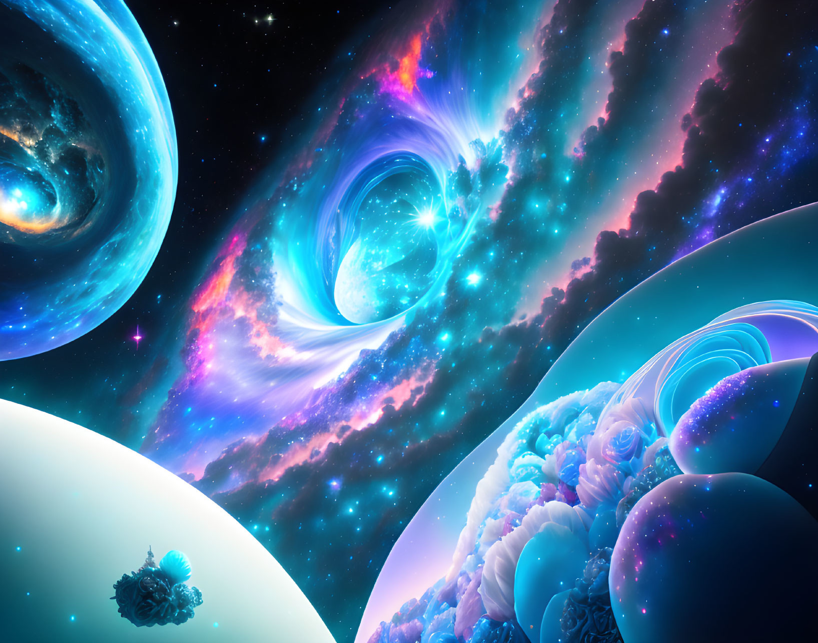 Colorful cosmic scene with swirling nebulas and celestial bodies in blues and purples