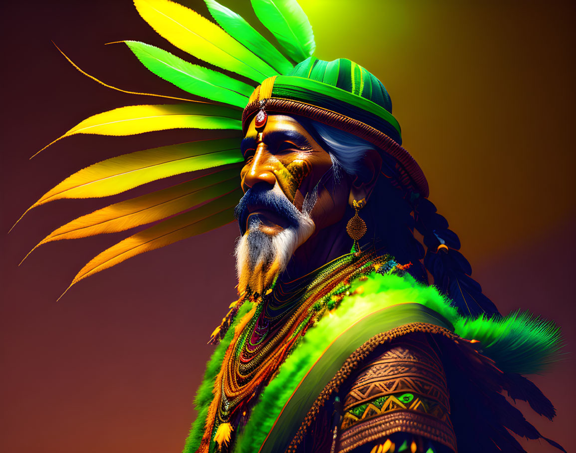 Colorful Indigenous American man in feather headdress portrait on warm gradient background