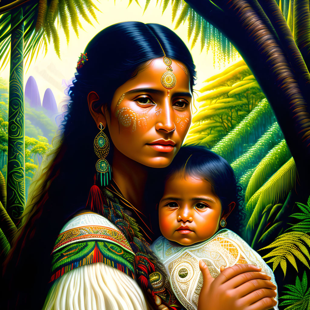 Digital art: Woman in traditional attire with child, tropical background.