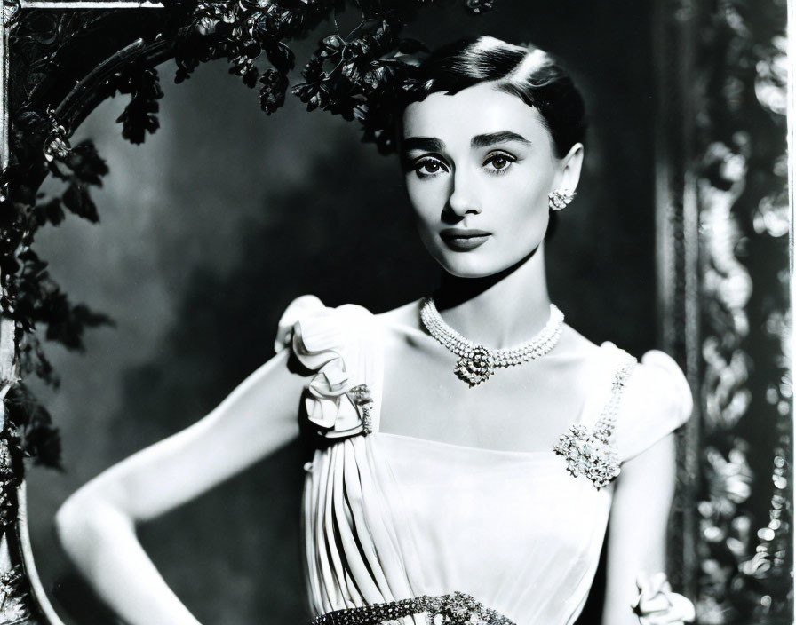 Monochrome photo: Elegant woman in sleeveless dress with pearl jewelry near lush foliage