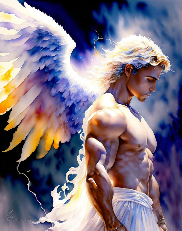 Muscular angelic figure with large wings in white cloth, on dark background