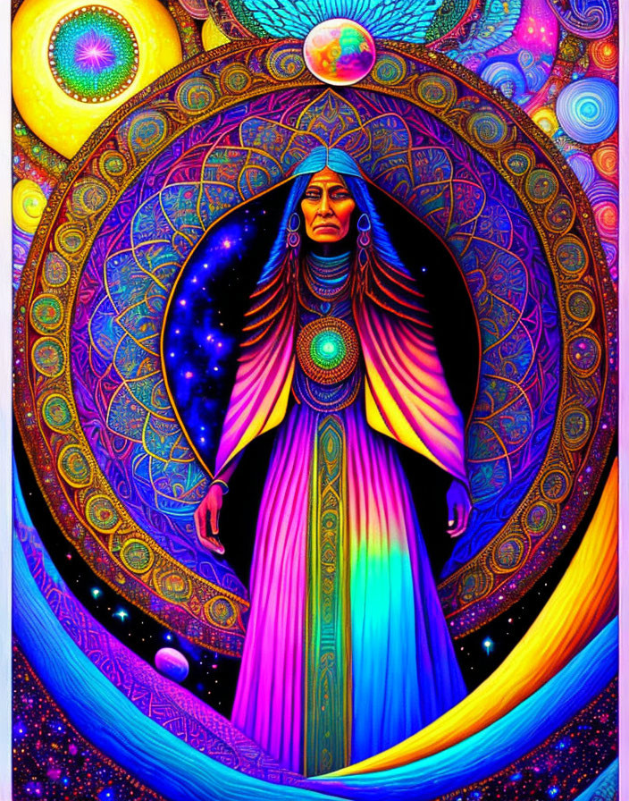 Colorful Psychedelic Artwork: Native Figure in Cosmic Setting