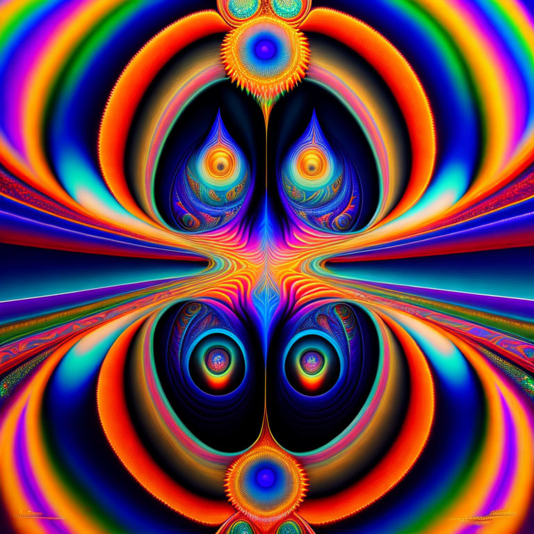 Colorful abstract fractal image with symmetric eye and peacock feather patterns in blue, orange, and