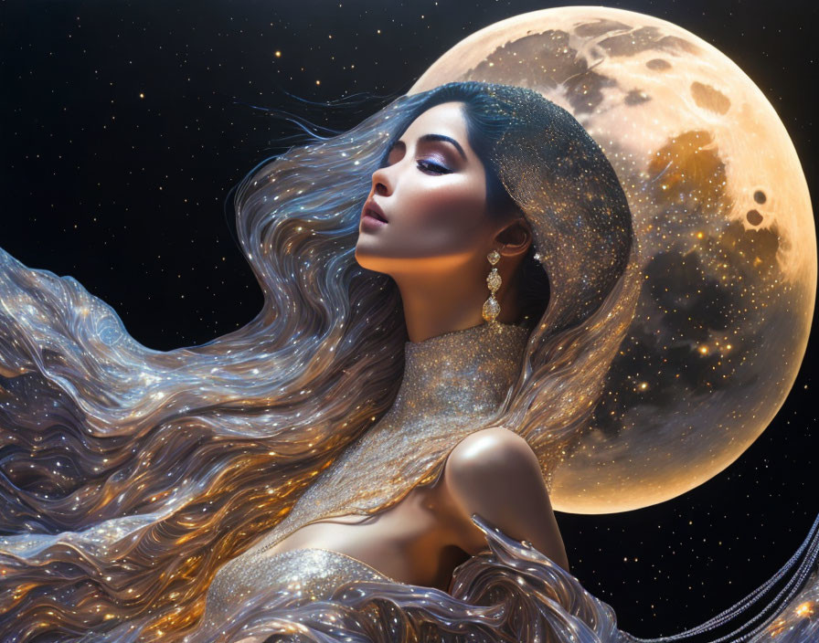 Woman with flowing hair and glittering attire against moon and star-filled sky