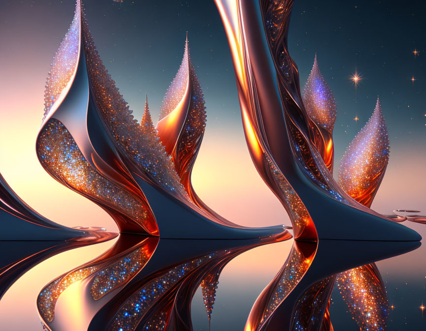 Shimmering abstract fractal art with twisted shapes on glossy surface