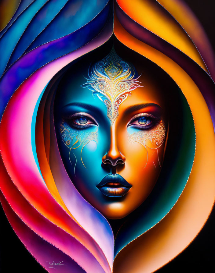 Colorful Stylized Woman's Face Painting with Flowing Mantel