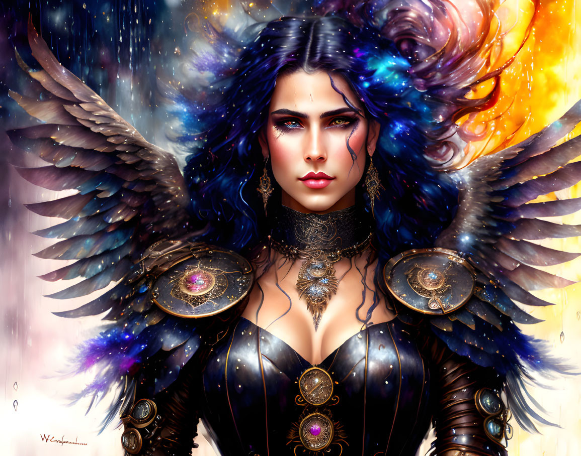 Fantasy illustration of a woman with angelic wings and cosmic-inspired hair in ornate armor.