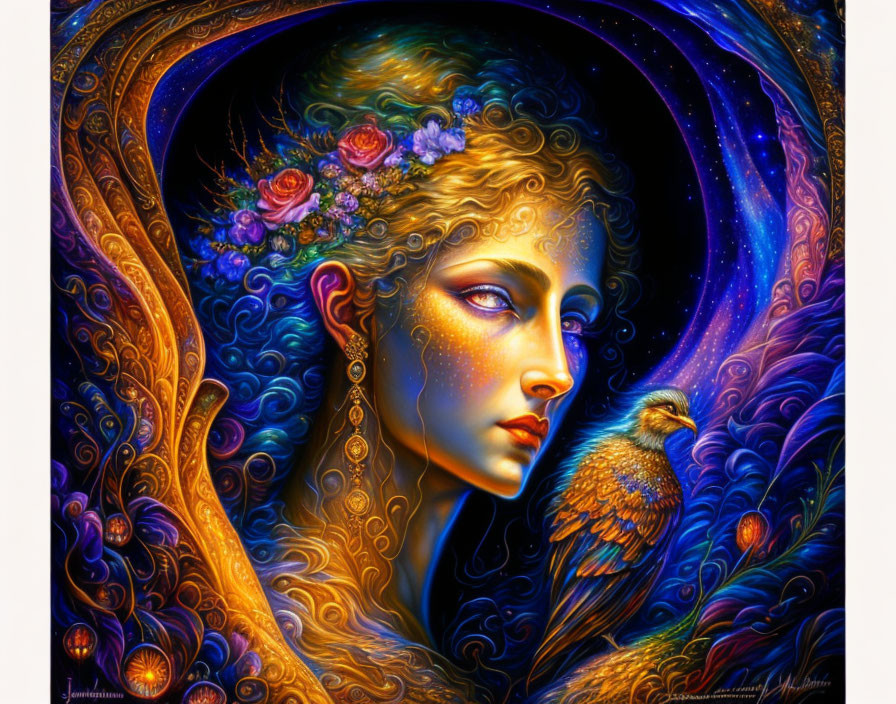 Colorful painting of woman with golden skin, floral crown, bird, cosmic background