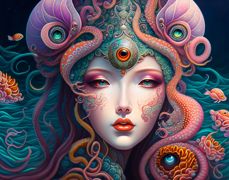 Vibrant ocean-themed portrait of a woman with fish and swirling patterns