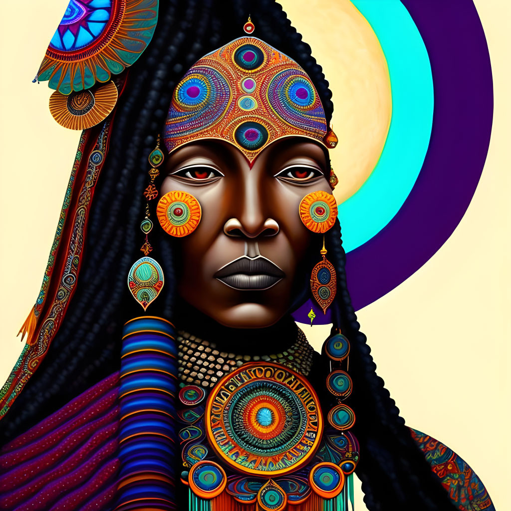 Colorful African-inspired woman with intricate patterns and celestial background.