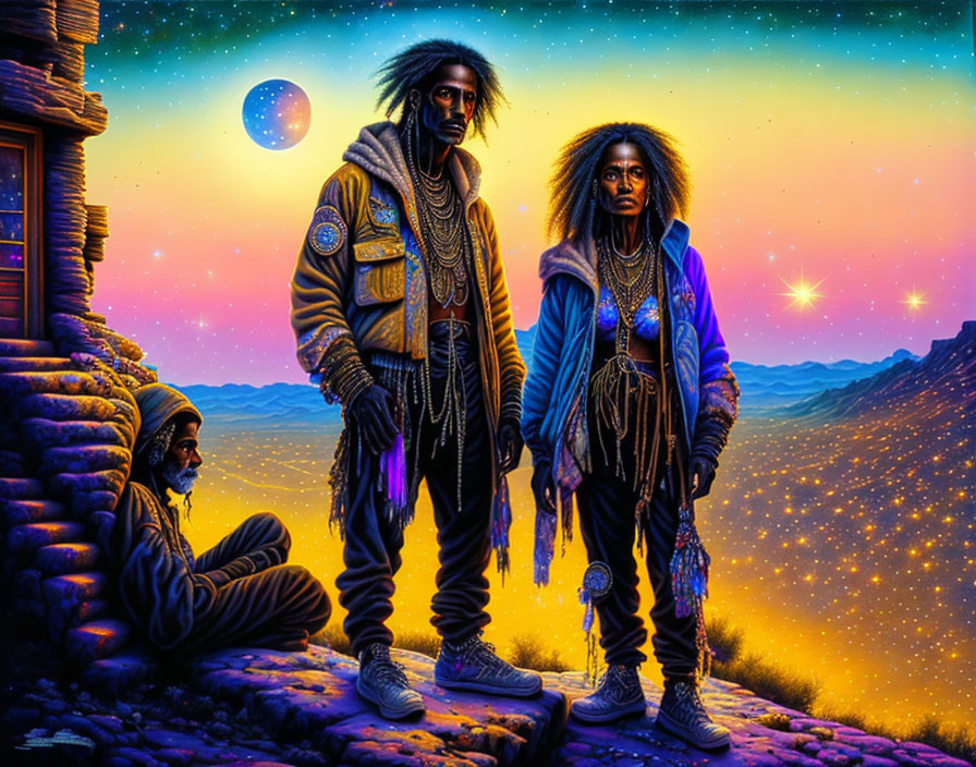 Sci-fi artwork: Three individuals in tribal attire under cosmic sky