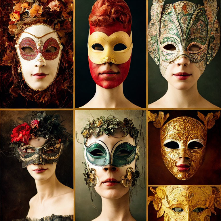 Nine individuals in Venetian masks and ornate headpieces on dark background