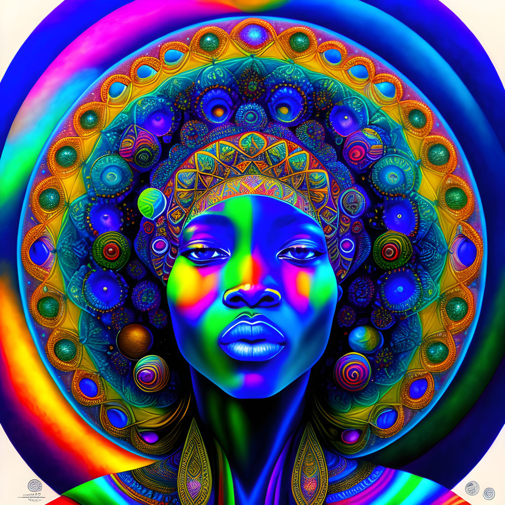 Colorful digital artwork of woman with geometric halo in psychedelic style