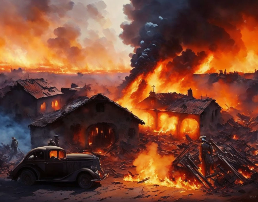 Digital Artwork: Fiery Scene with Burning Buildings, Vintage Car, and Lone Firefighter