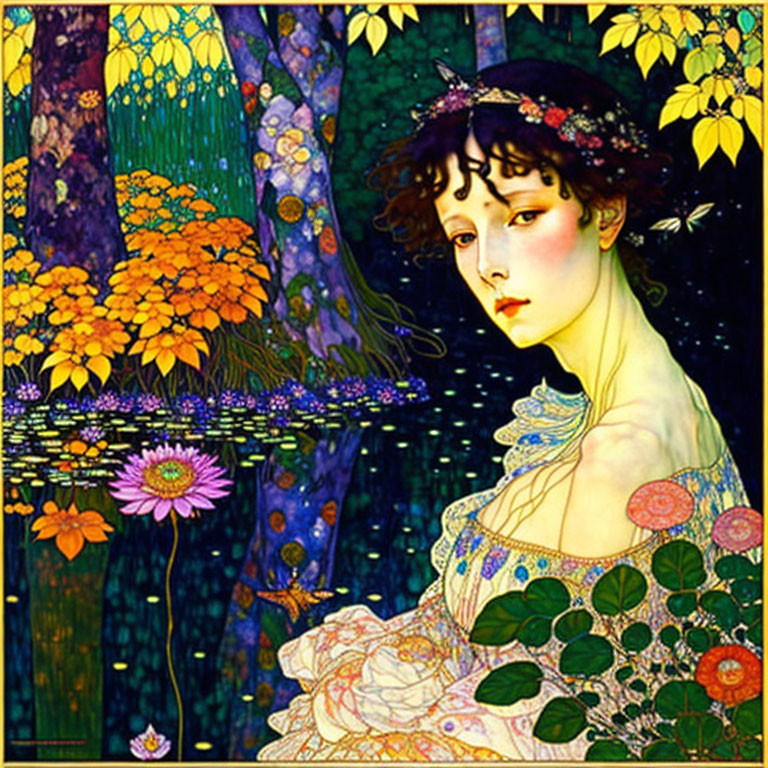 Art Nouveau Woman with Flowers in Hair by Lily Pad Pond