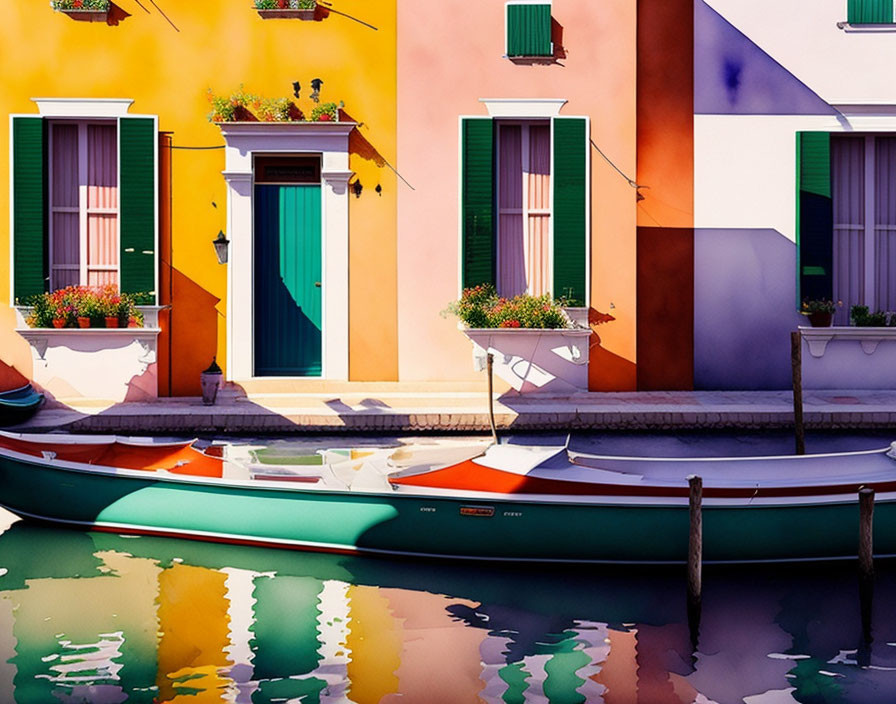 Vibrant houses by serene canal with boats reflecting