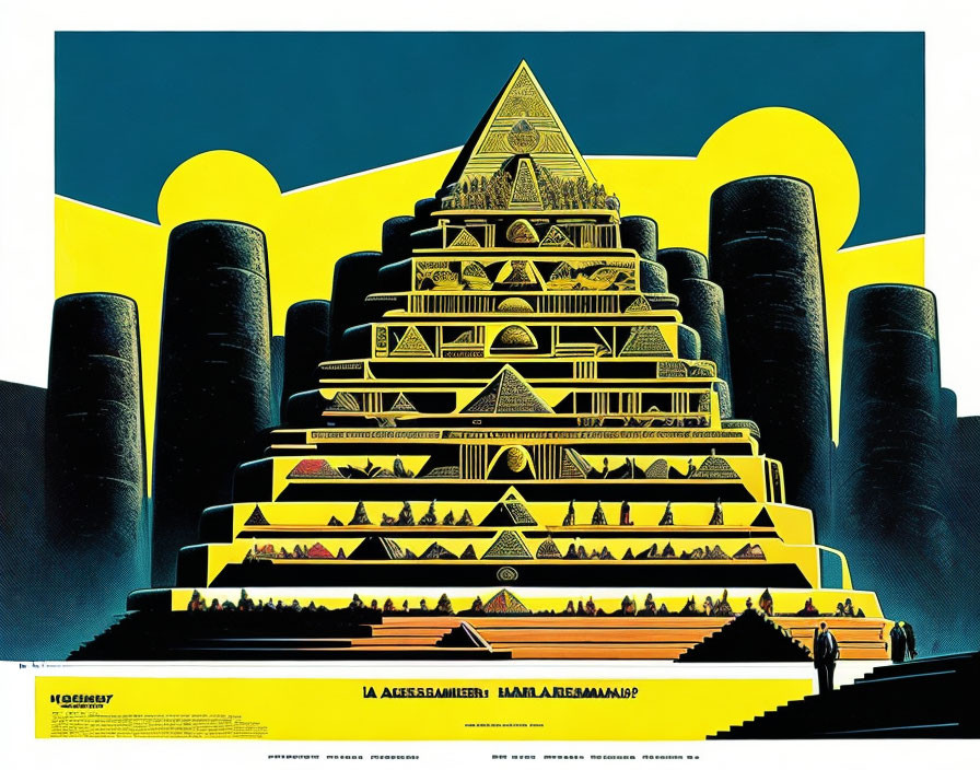 Intricate pyramid structure in graphic poster on yellow backdrop