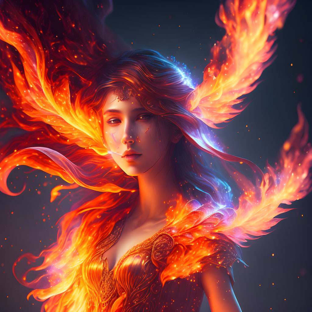 Ethereal digital artwork: Woman with fiery orange hair on dark blue background