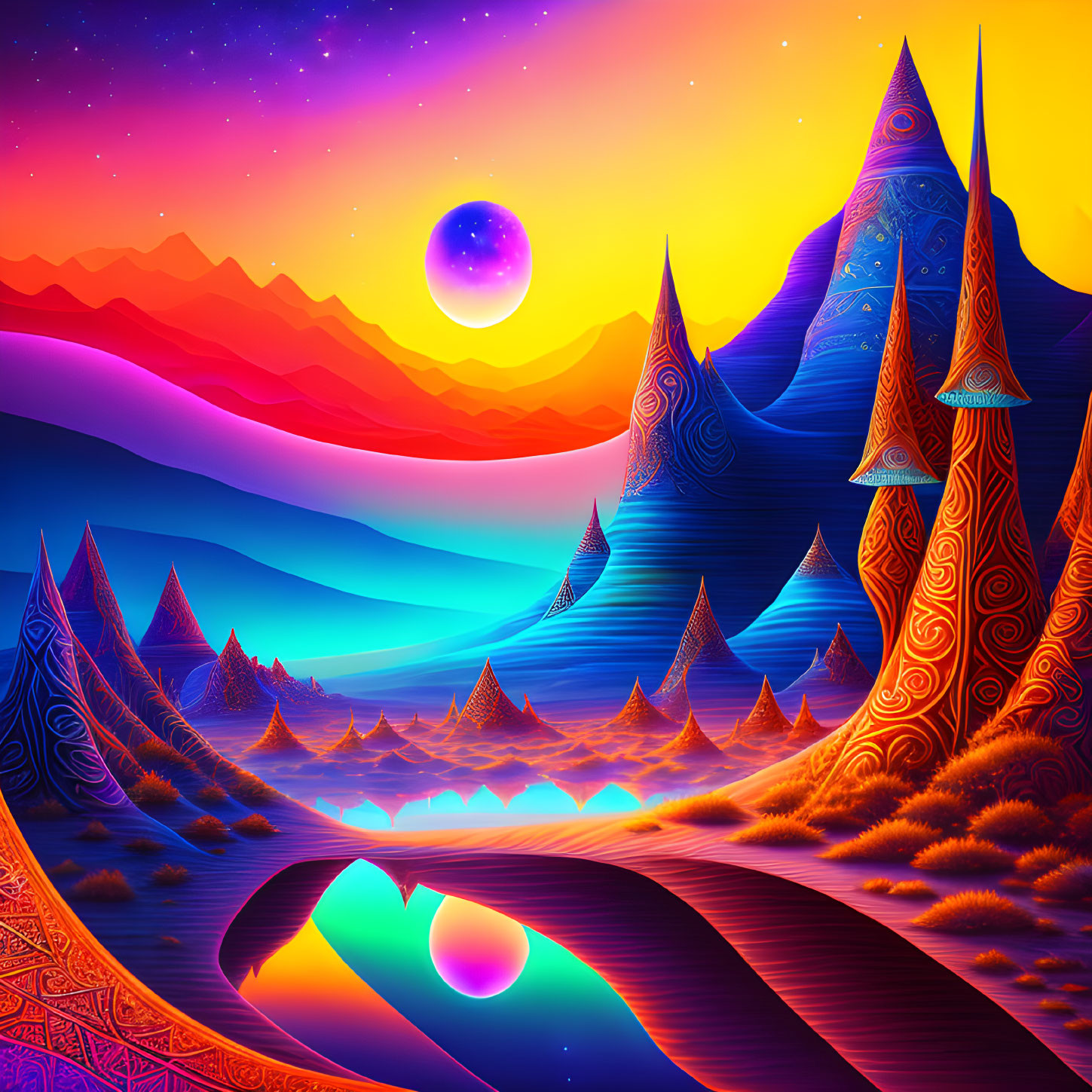 Colorful digital art landscape with stylized mountains, reflective river, and large moon.