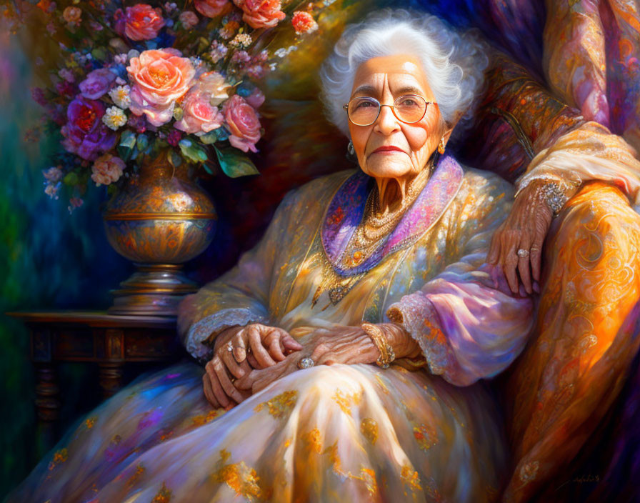 Elder Woman with White Hair, Glasses, and Pearl Necklace Seated by Table with Bouquet in