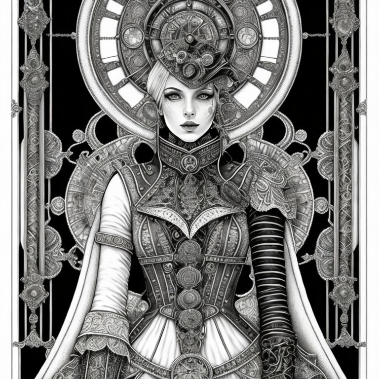 Monochrome steampunk illustration of woman in intricate attire