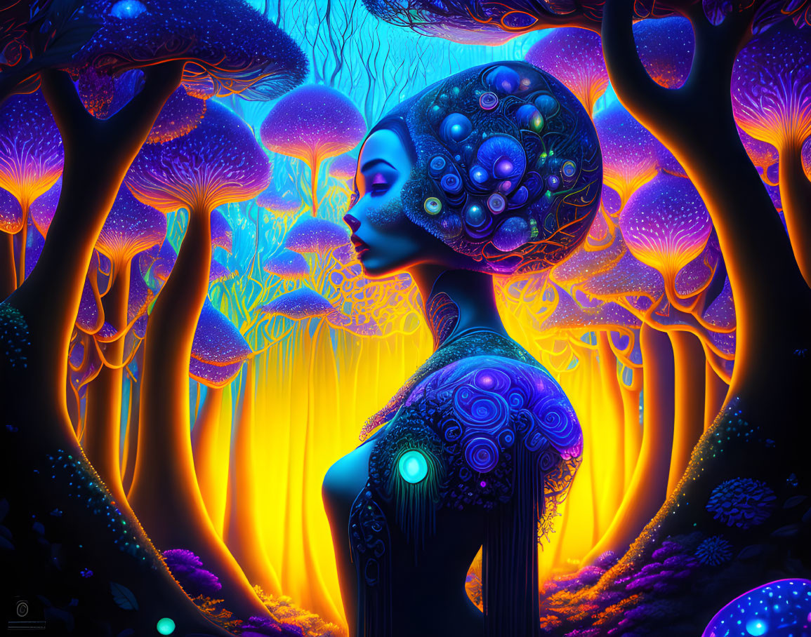 Digital art: Woman merging with bioluminescent forest, glowing mushrooms & trees