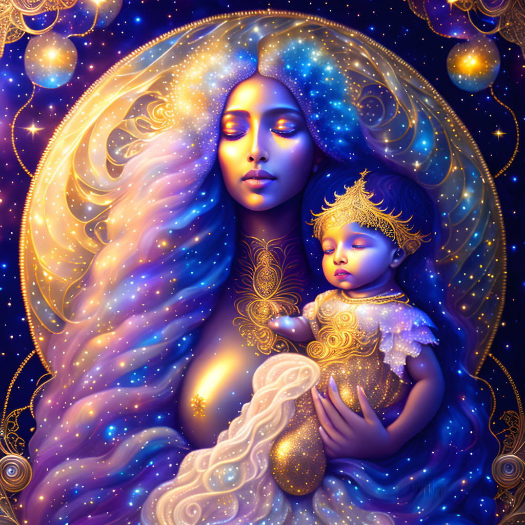 Cosmic-themed illustration of serene woman with star-filled hair holding sleeping child surrounded by glowing orbs and star