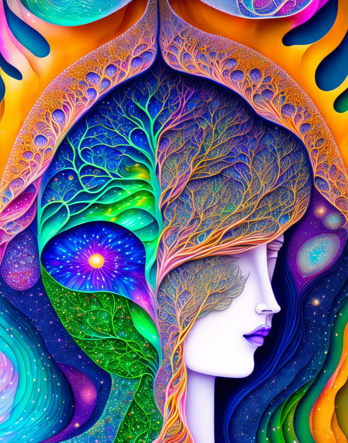 Colorful Psychedelic Profile Artwork with Tree-Like Structures