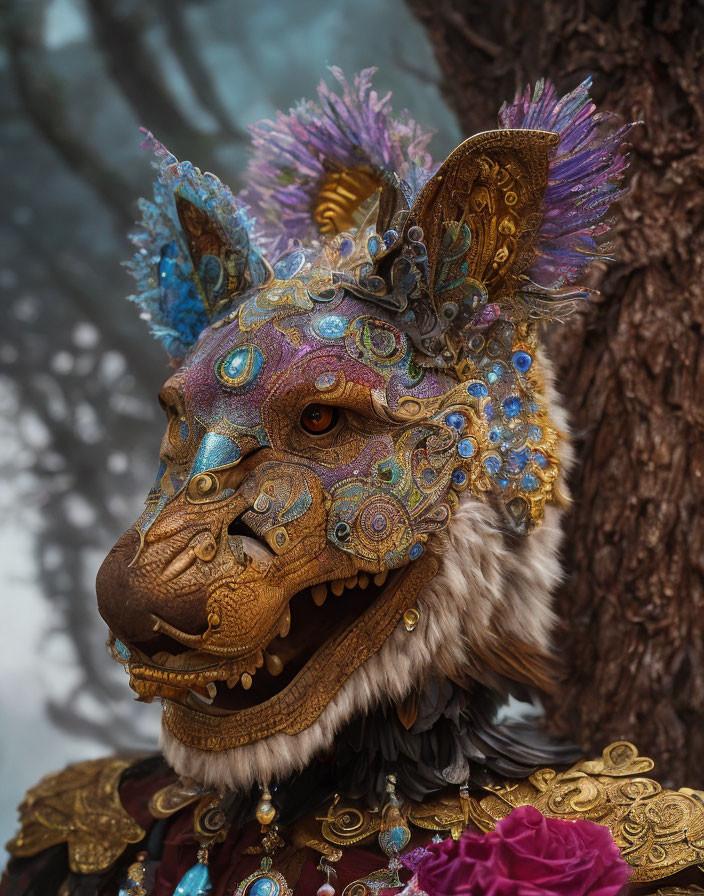 Blue and Gold Decorated Wolf Mask with Intricate Patterns on Tree Background