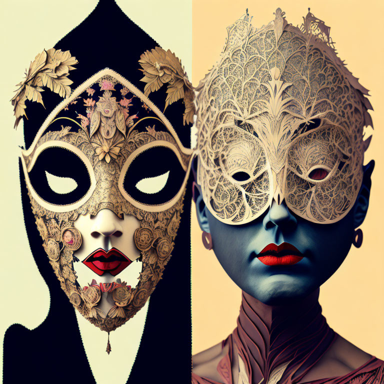 Pair of images: Faces with floral lace masks in warm and cool tones, featuring red lips